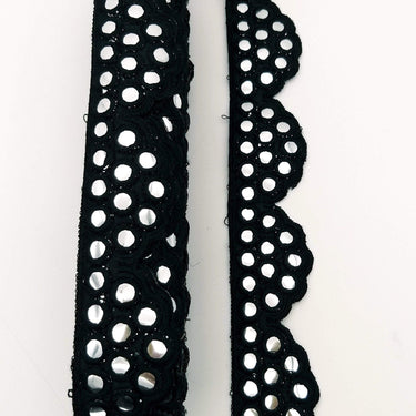 Black Mirror Trim, Kutch Embroidered Navratri Garba Dress Trim Bridal Lace, Indian Sari Border 40 mm Wide Trim Per Yard